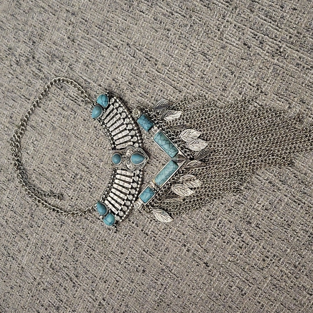 Bohemian necklace is silver and turquois - costume Jewelry